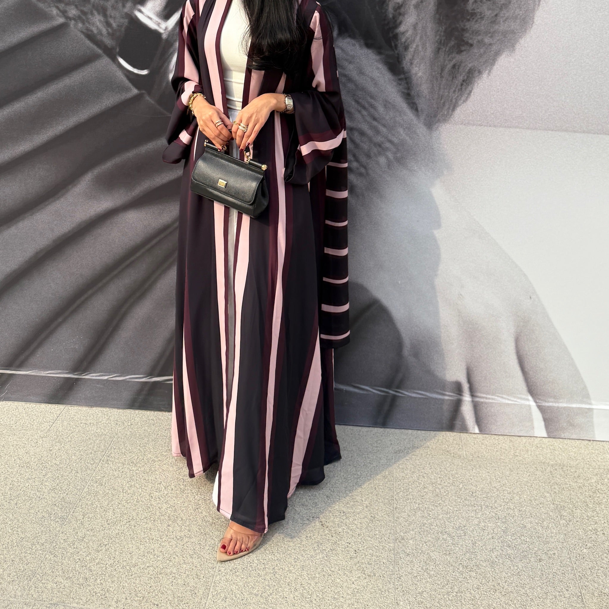 FAB304- Black/Maroon Striped Print Chiffon Silk A-Cut Abaya Set