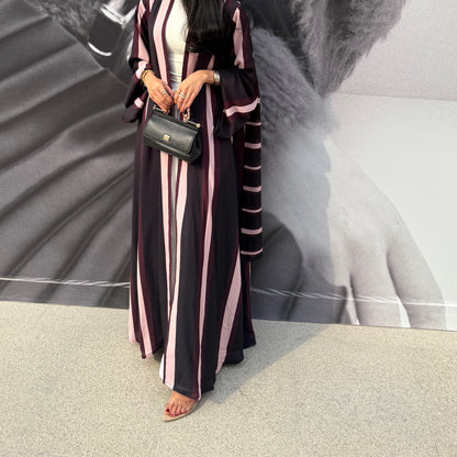 FAB304- Black/Maroon Striped Print Chiffon Silk A-Cut Abaya Set