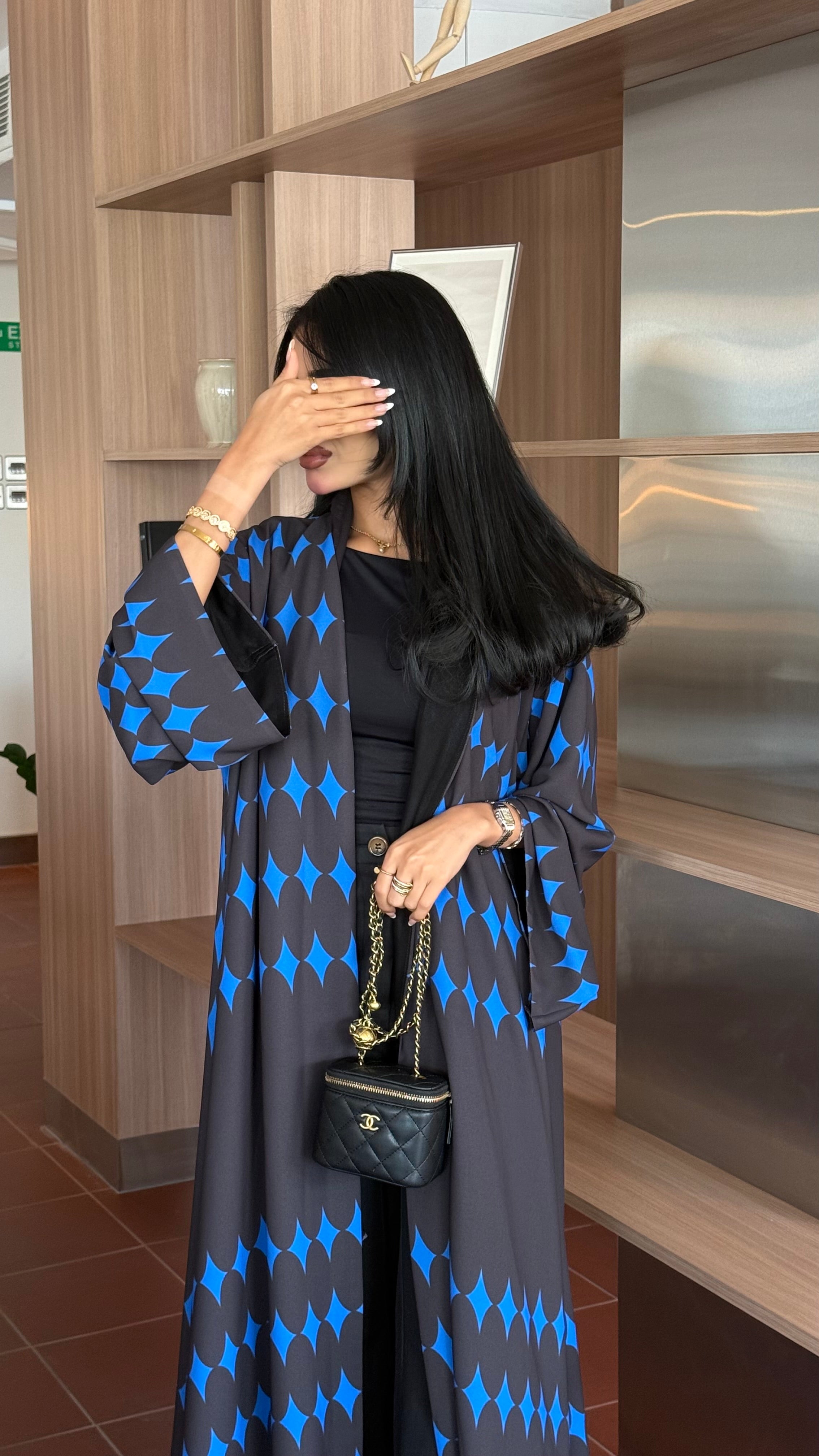 FAB336-Blue & Black Diamond Print Straight-Cut Abaya with Matching Headscarf