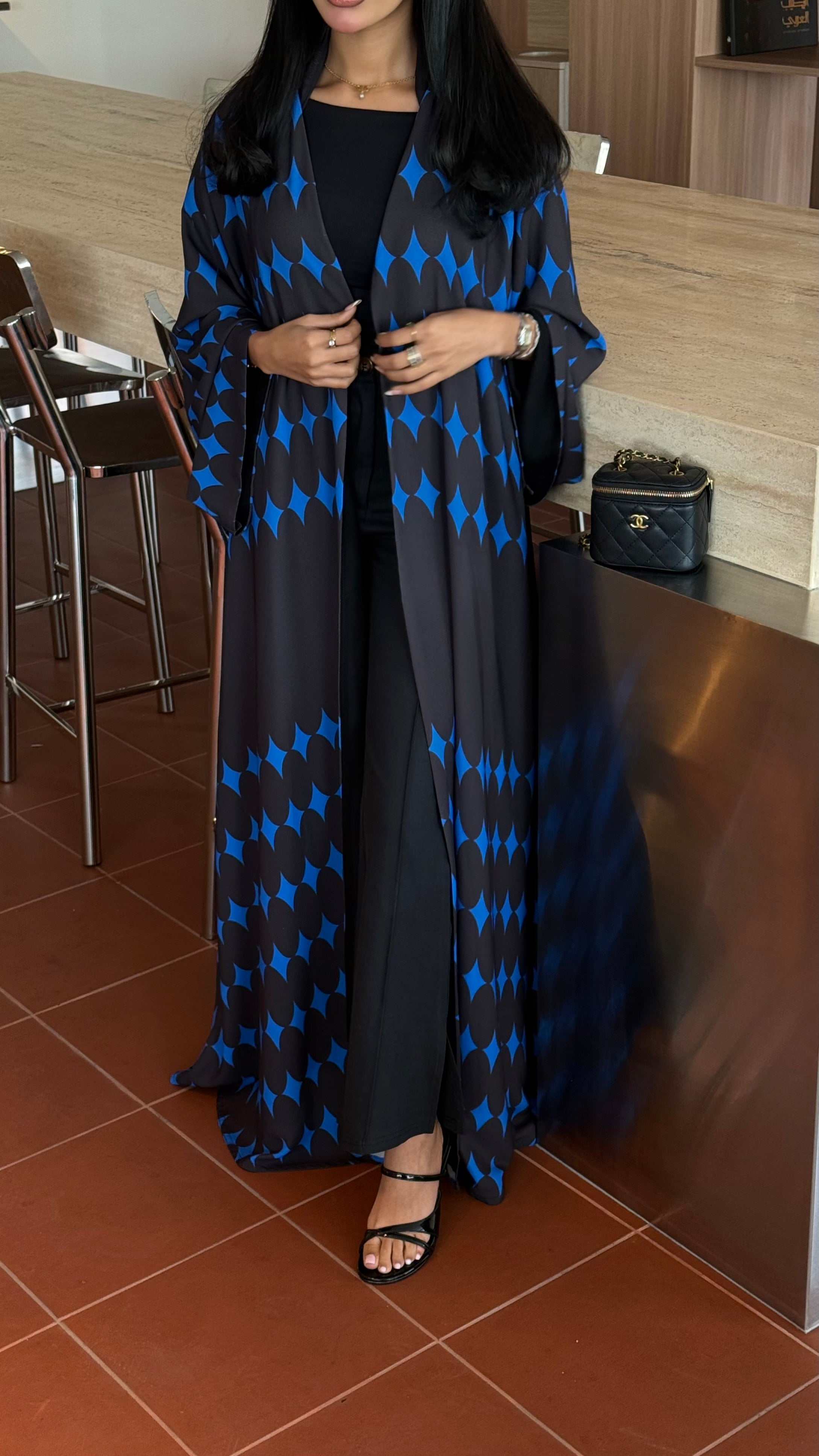 FAB336-Blue & Black Diamond Print Straight-Cut Abaya with Matching Headscarf