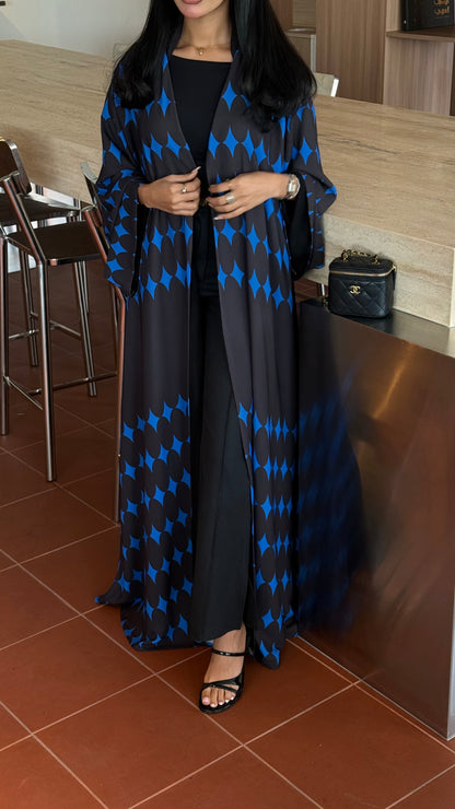 FAB336-Blue & Black Diamond Print Straight-Cut Abaya with Matching Headscarf