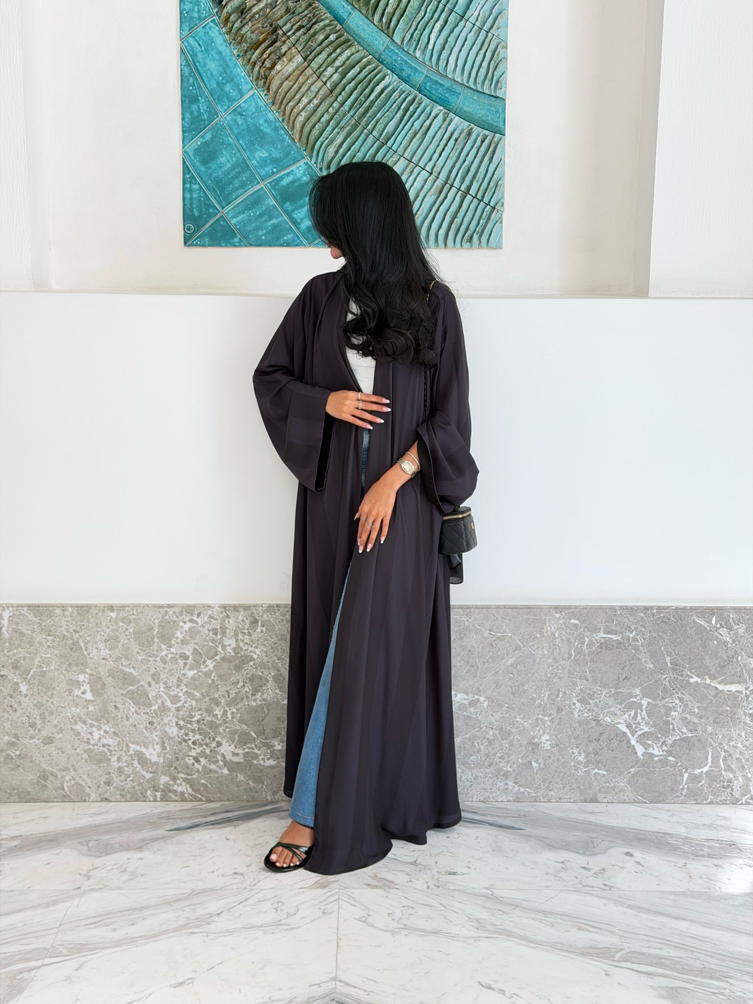 FAB332-Black Basic Light Stripped Printed Klosh Abaya Set