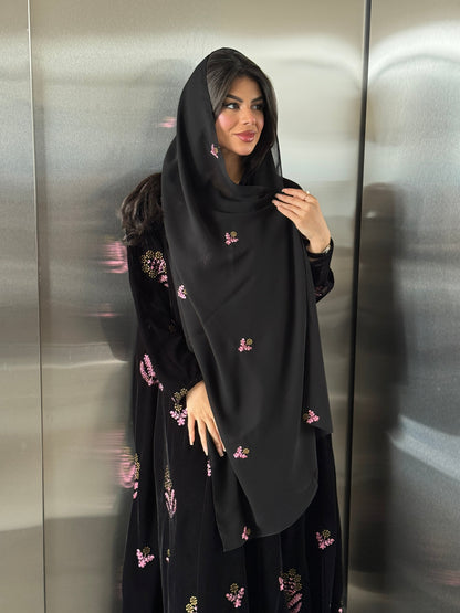 FAB248- Black Velvet with Pink Embroidery A-Cut Abaya Set