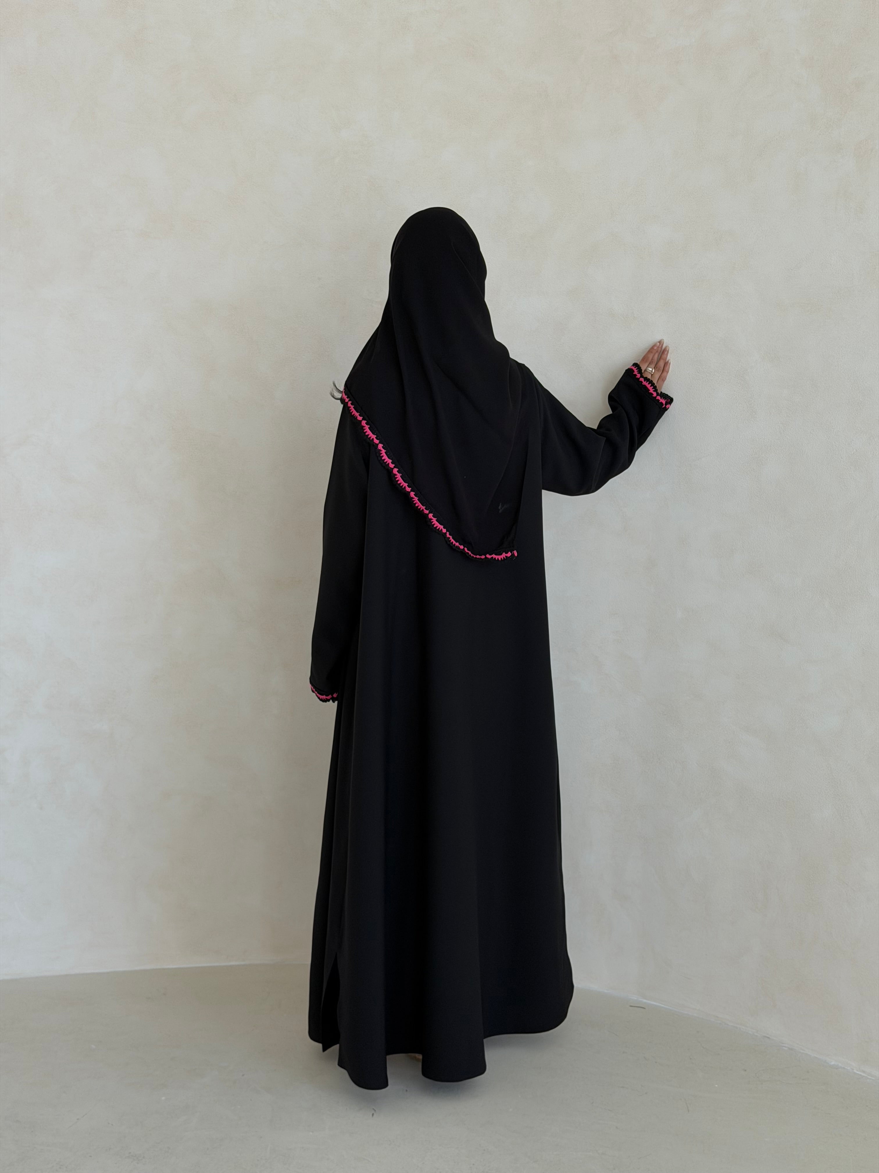 FAB346- Pink Crochet Black Crepe Klosh-Cut Abaya with Headscarf