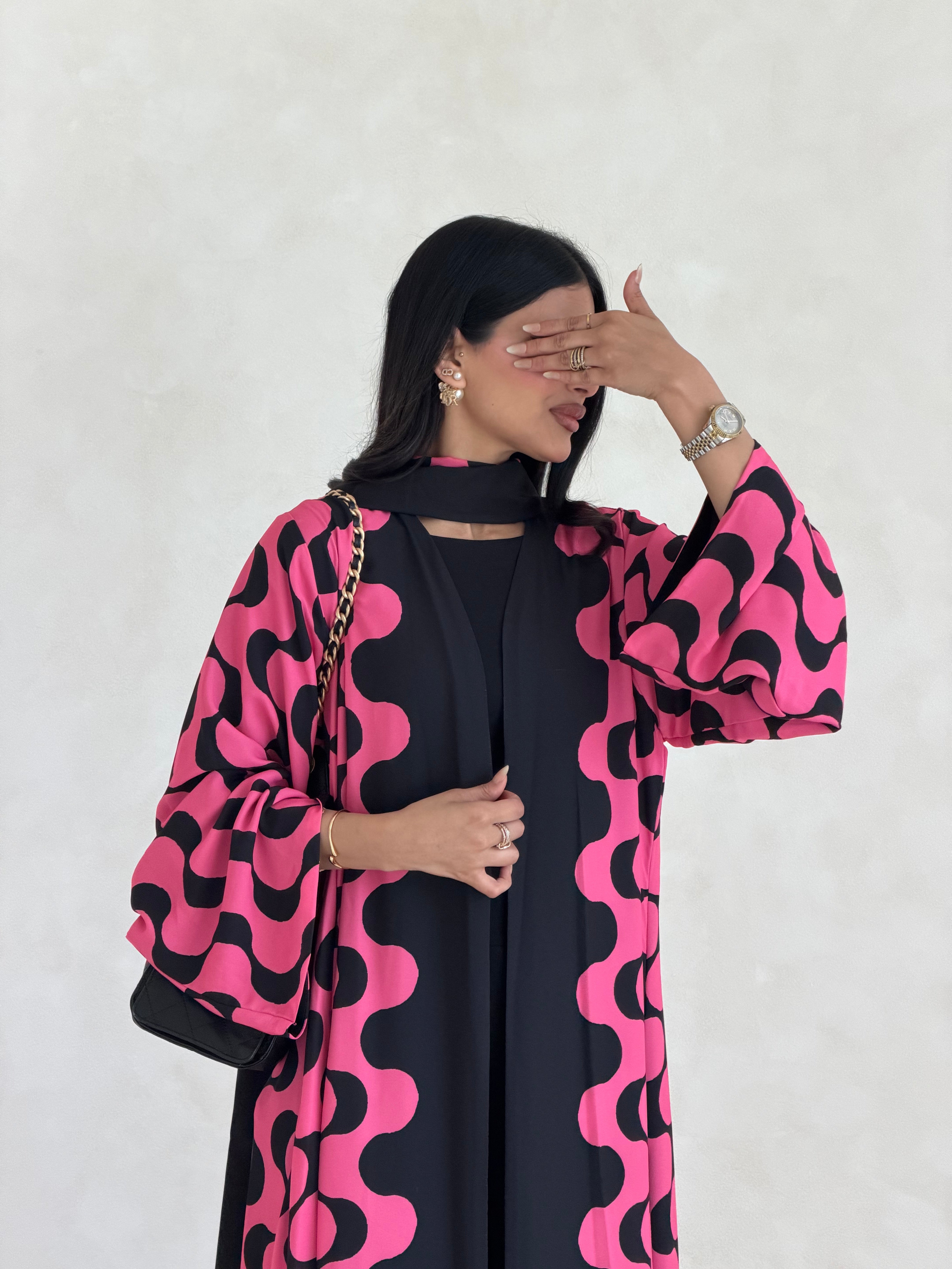 FAB342-Barbie Pink and Black Waves Printed Straight-Cut Abaya and matching headscarf