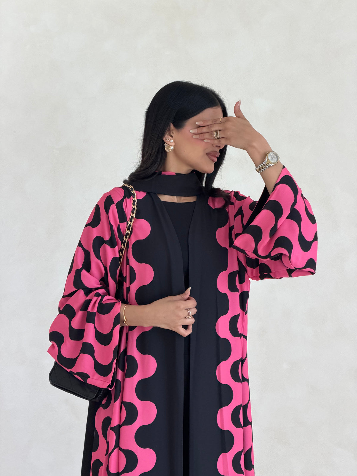 FAB342-Barbie Pink and Black Waves Printed Straight-Cut Abaya and matching headscarf