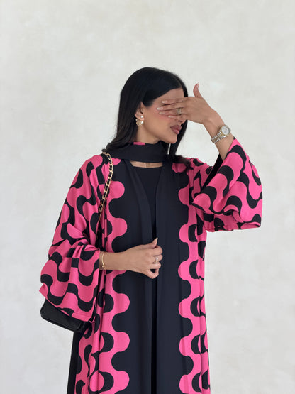 FAB342-Barbie Pink and Black Waves Printed Straight-Cut Abaya and matching headscarf