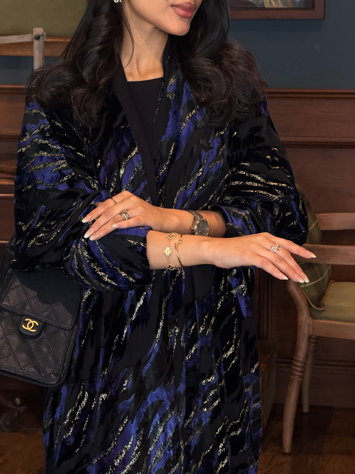 FAB352-Blue and Black Chiffon Half Bisht-Cut Abaya with Velvet Shimmer Print and Black Headscarf