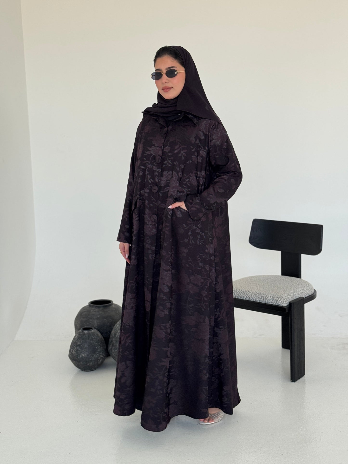 FAB237- Purple Floral Silk Jacquard Blazer A-Cut Abaya