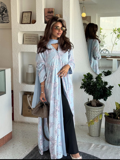 FAB299- Pink and Blue Lace and Linen Summer A-Cut Abaya