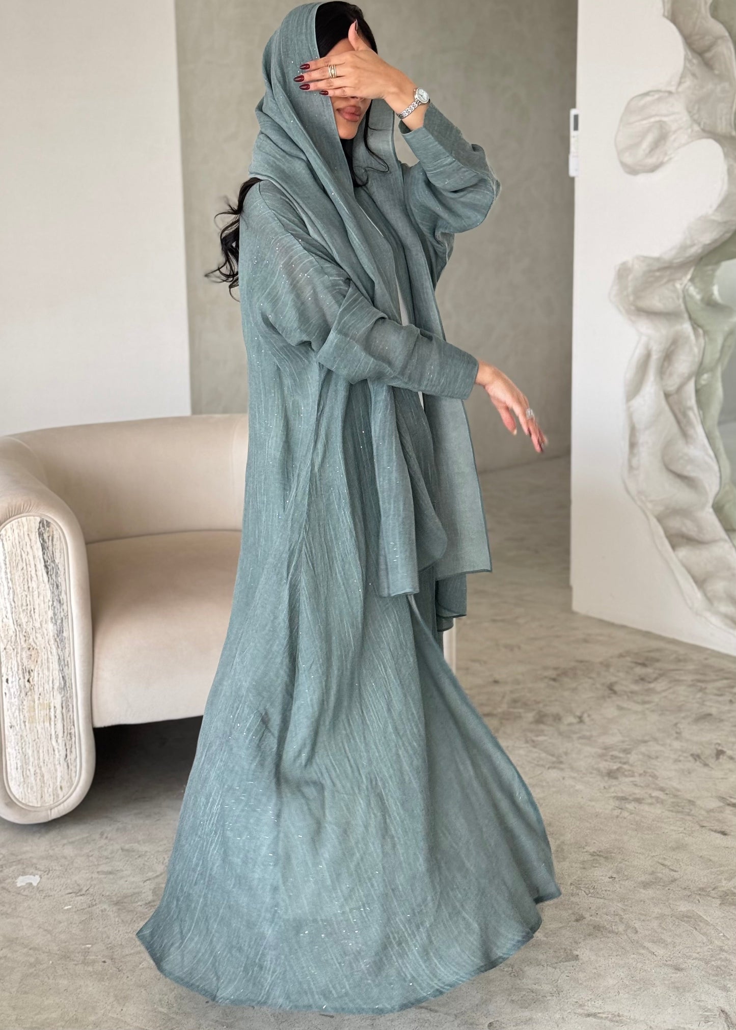 FAB166-Turqoise Glitter Linen A-Cut Abaya Set