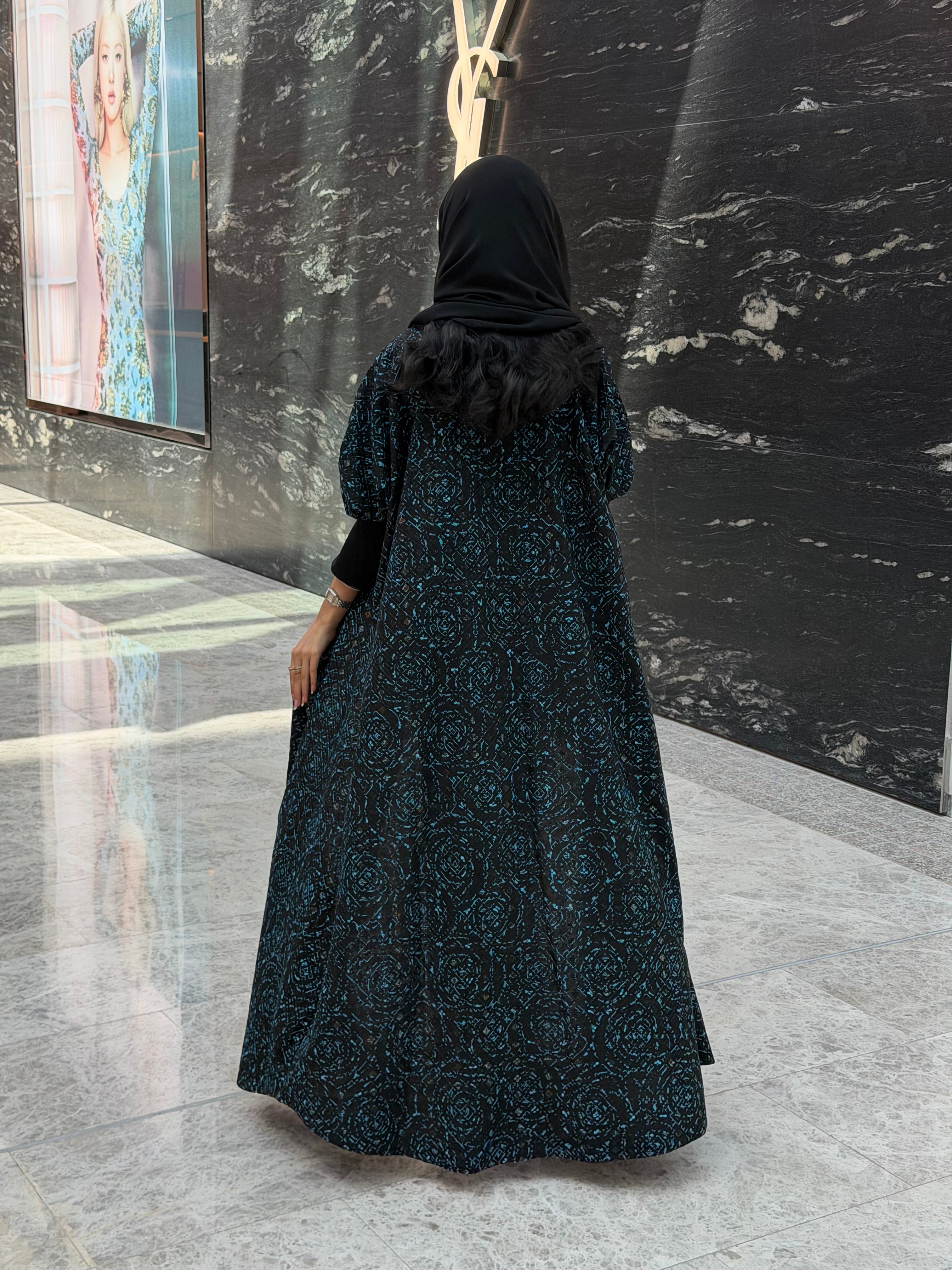 FAB341-Black Green Embroidery Half-Bisht Cut Abaya with Fitted Black Stretch Sleeves and matching headscarf