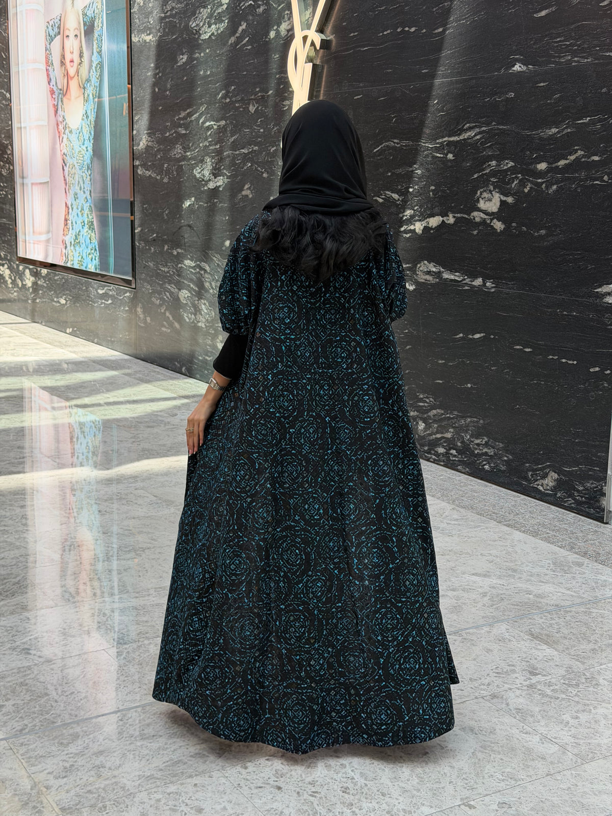 FAB341-Black Green Embroidery Half-Bisht Cut Abaya with Fitted Black Stretch Sleeves and matching headscarf