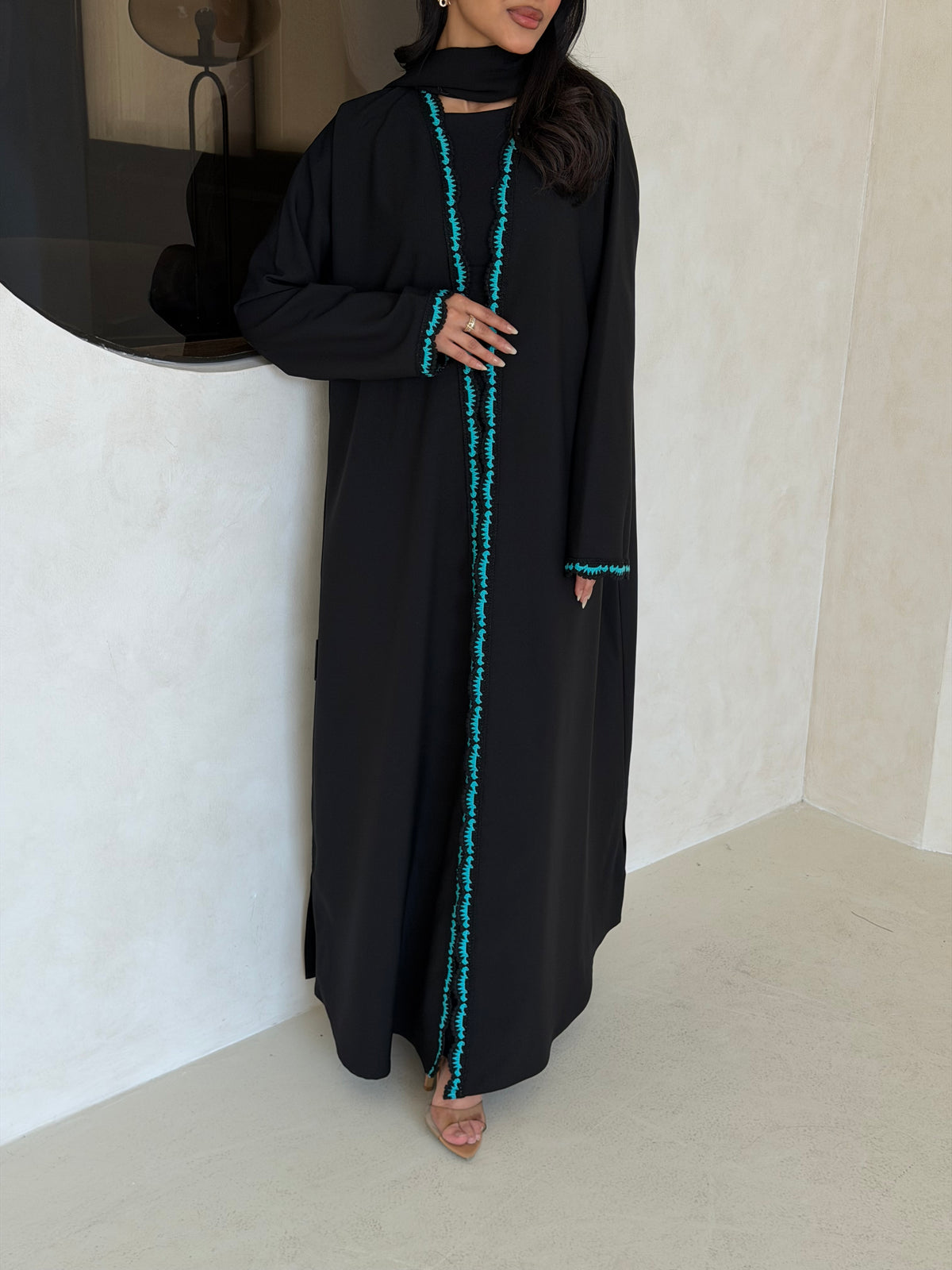 FAB347- Tiffany Crochet Black Crepe Klosh-Cut Abaya with Headscarf