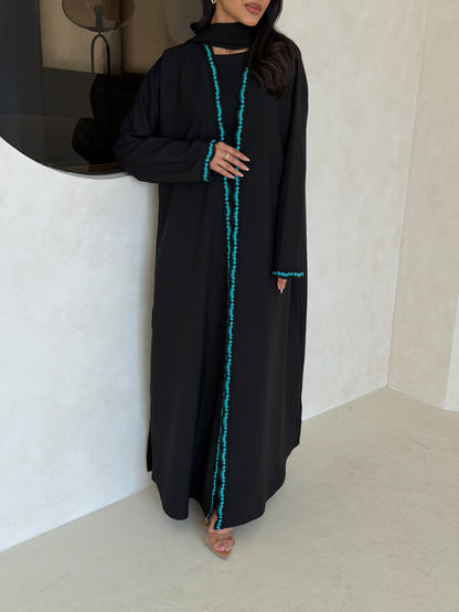 FAB347- Tiffany Crochet Black Crepe Klosh-Cut Abaya with Headscarf