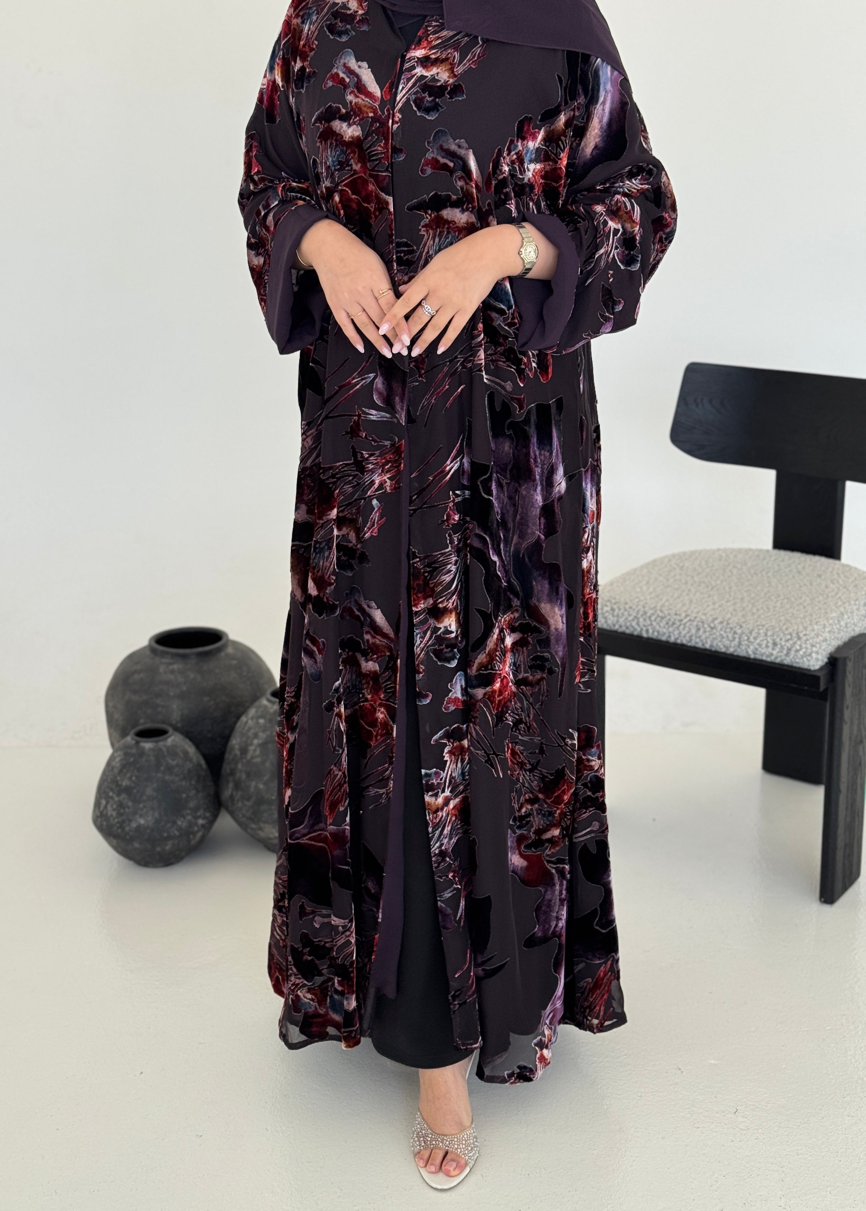 FAB231- Dark Purple Chiffon with Velvet Print Abaya with headscarf