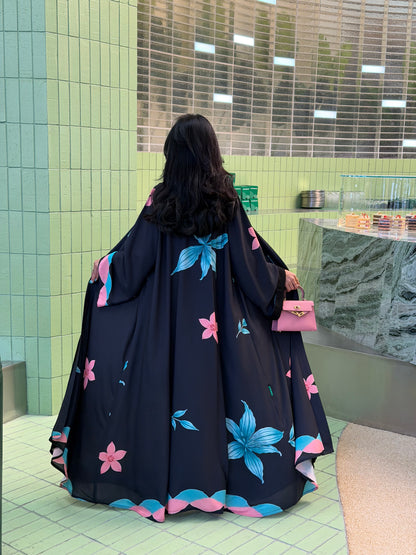 FAB324-Black Pink and Green Floral Print abaya and headscarf- Straight Cut
