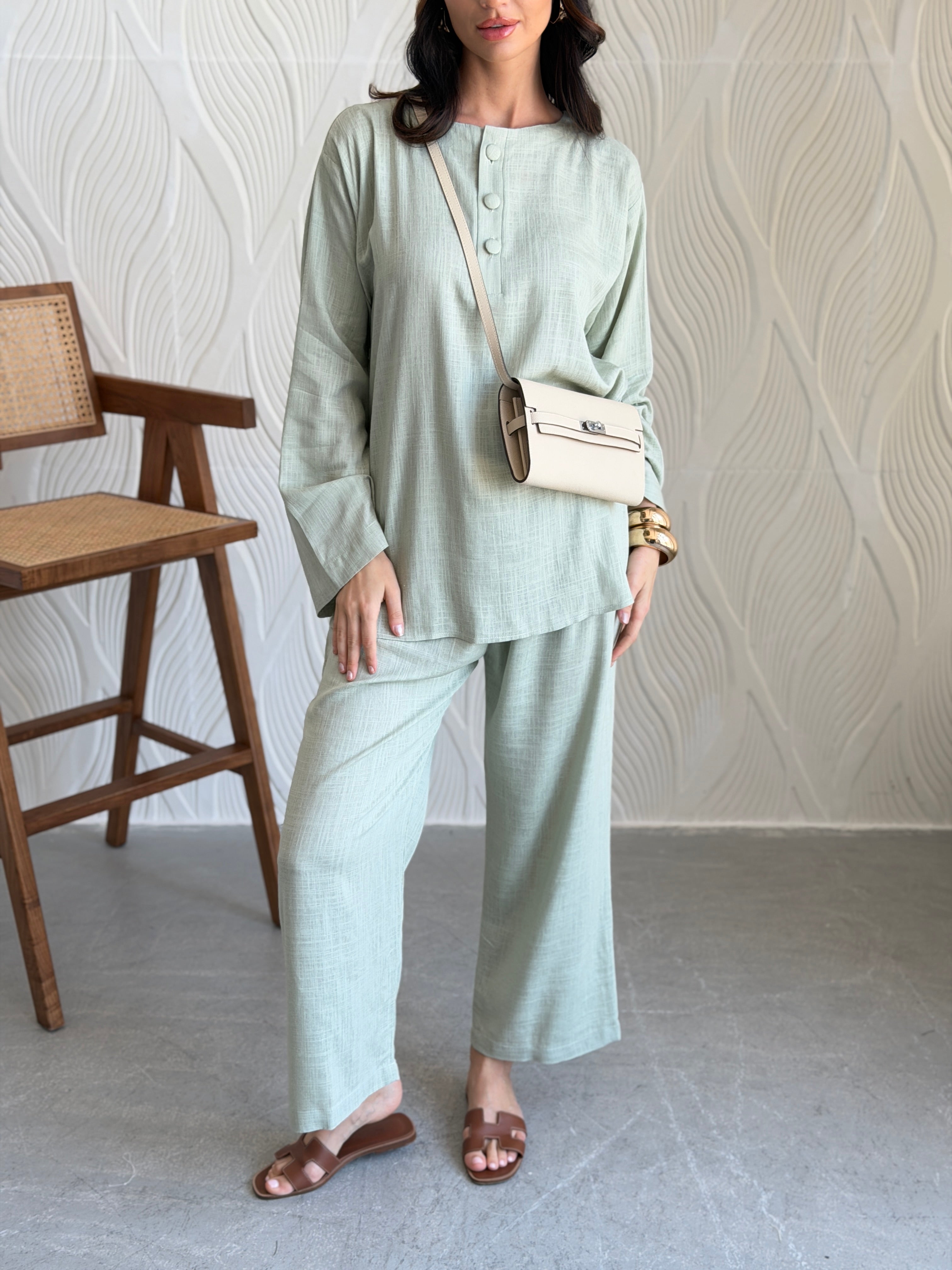 FAB309- Green Basic Linen Summer Set
