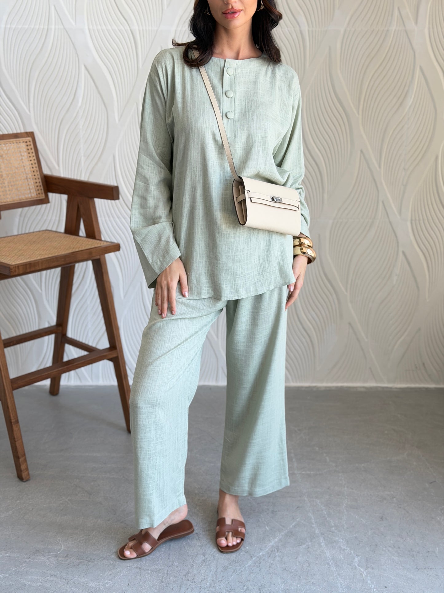 FAB309- Green Basic Linen Summer Set