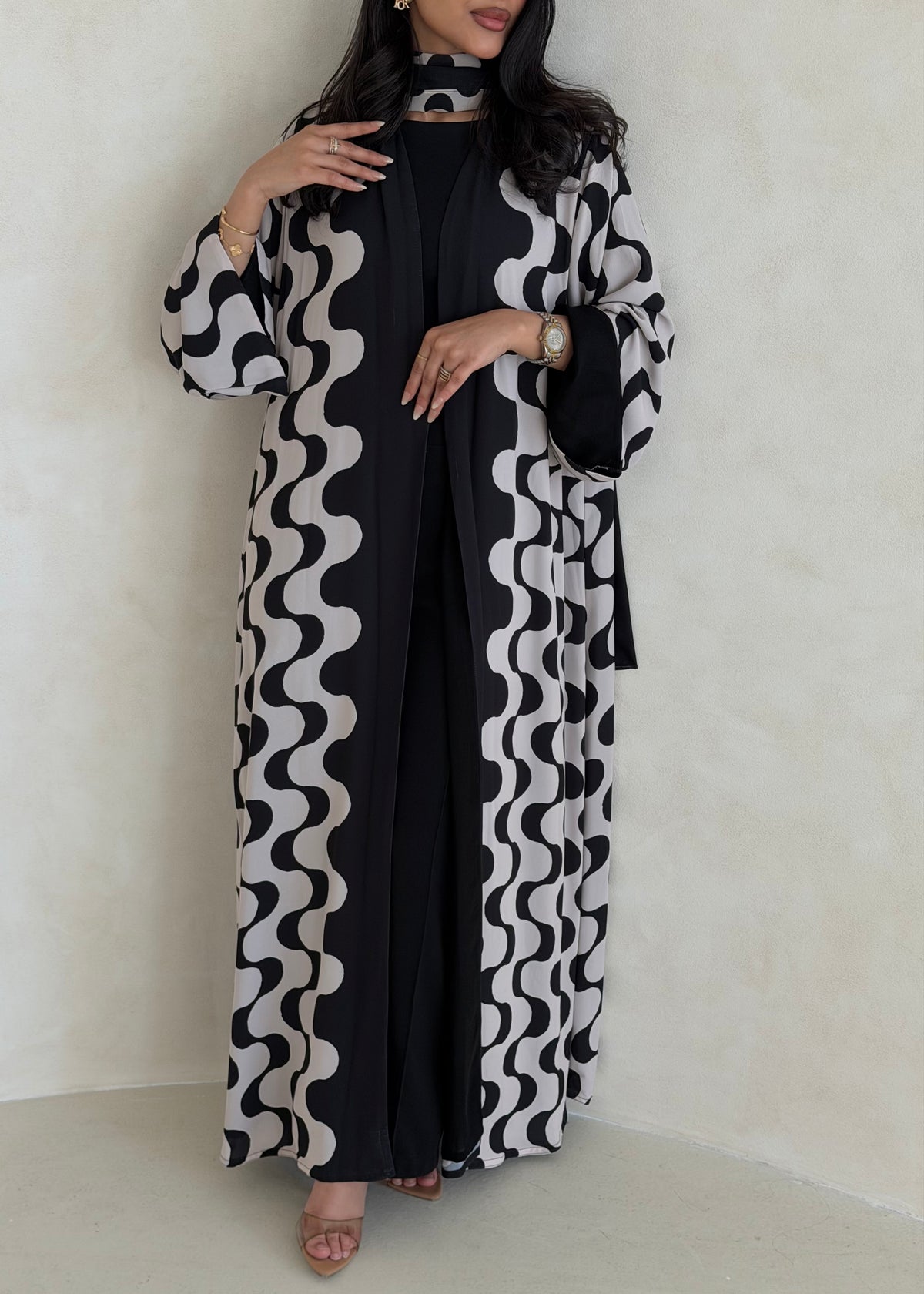FAB344- White and Black Waves Printed Straight-Cut Abaya and matching headscarf