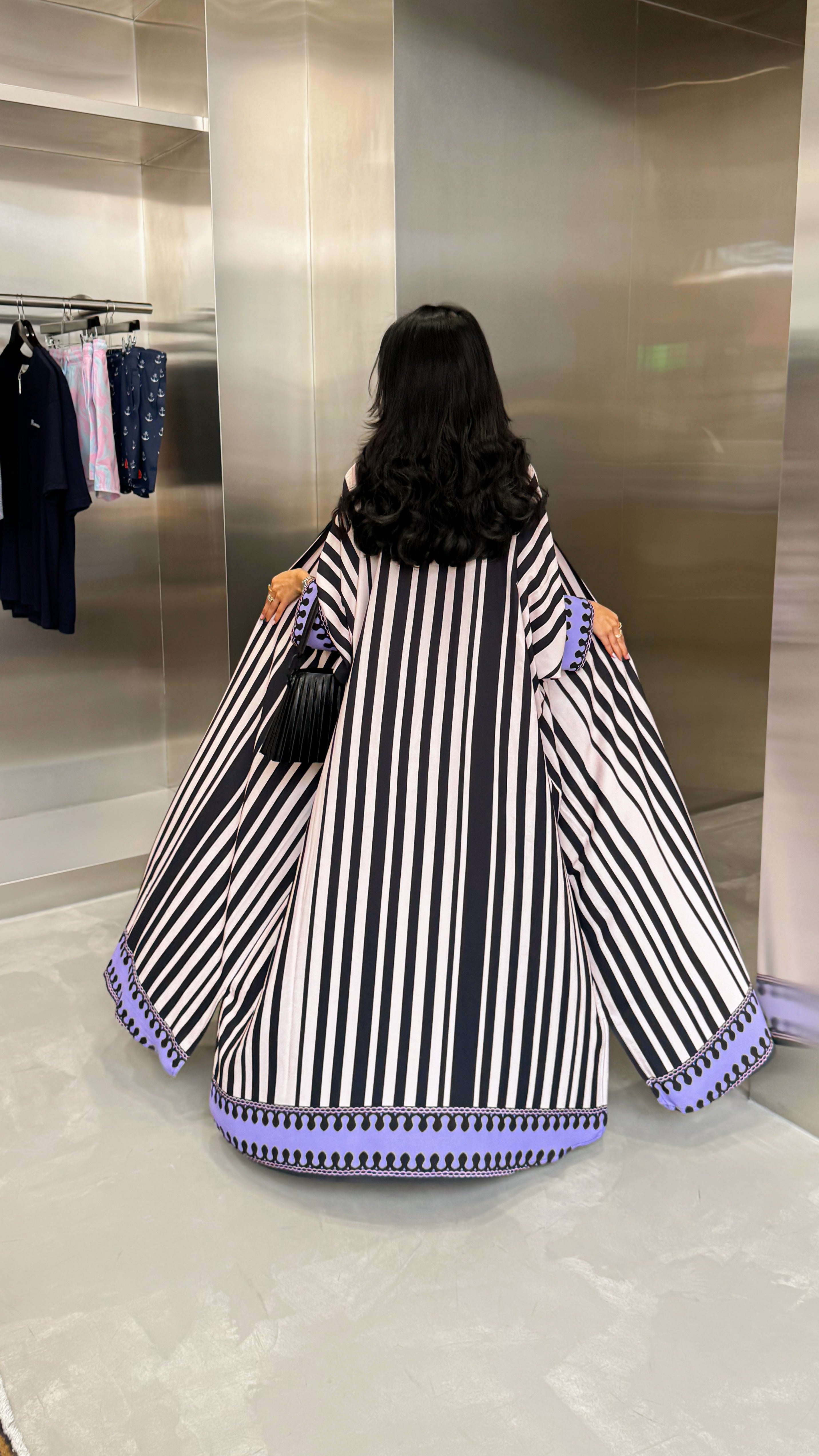 FAB321-Purple Black & Light Beige Striped Half Bisht-Cut Abaya with Neon border print