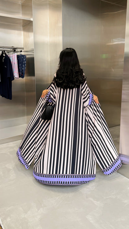 FAB321-Purple Black & Light Beige Striped Half Bisht-Cut Abaya with Neon border print