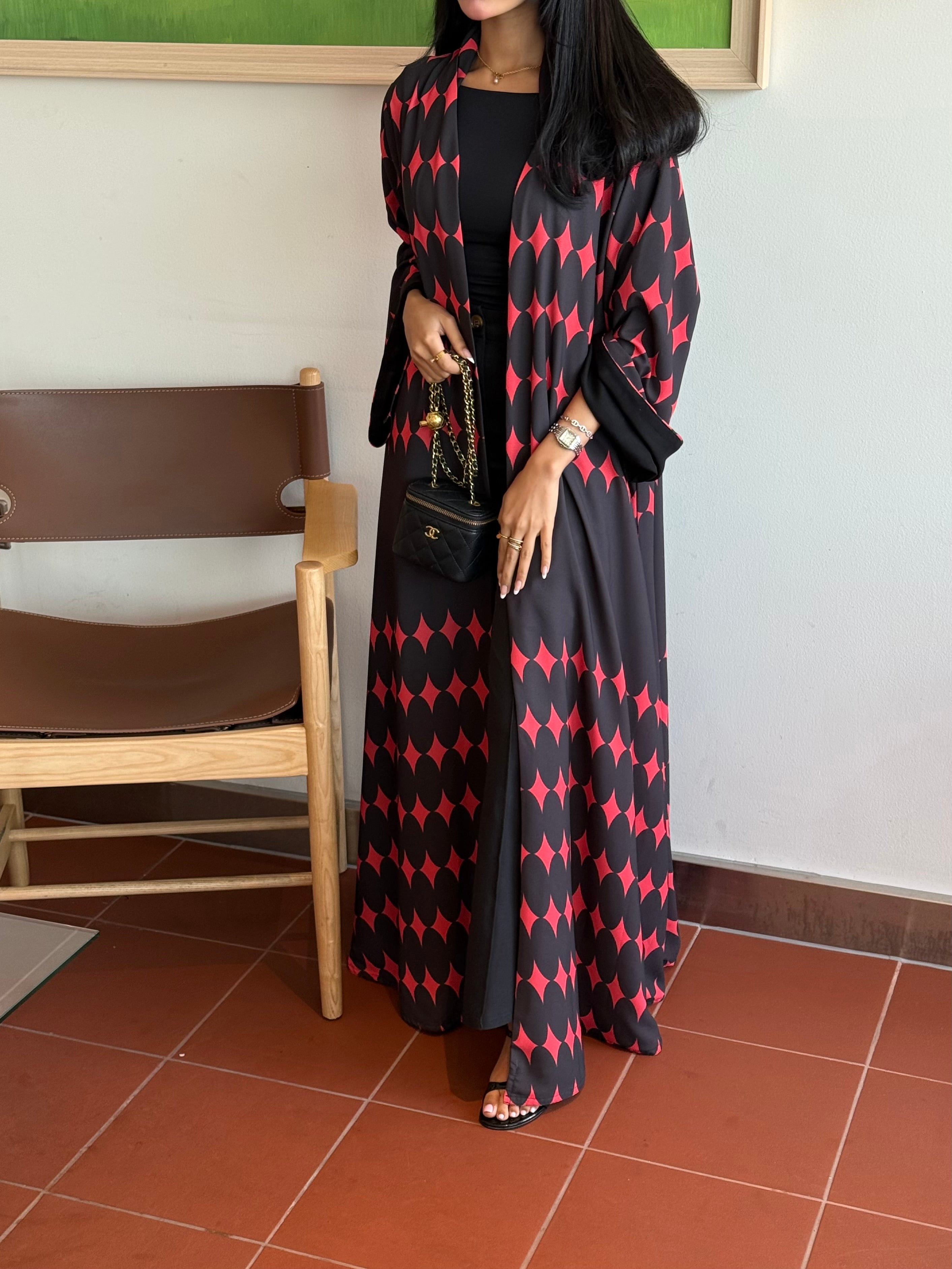 FAB335-Red & Black Diamond Print Straight-Cut Abaya with Matching Headscarf