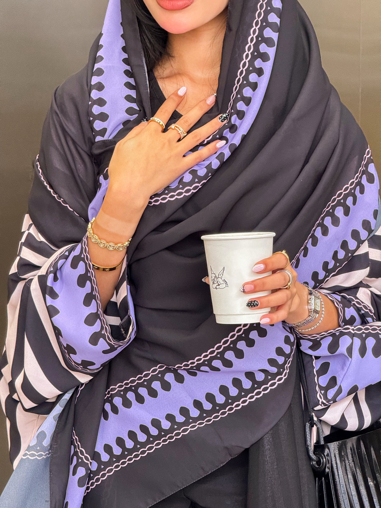 FAB321-Purple Black & Light Beige Striped Half Bisht-Cut Abaya with Neon border print