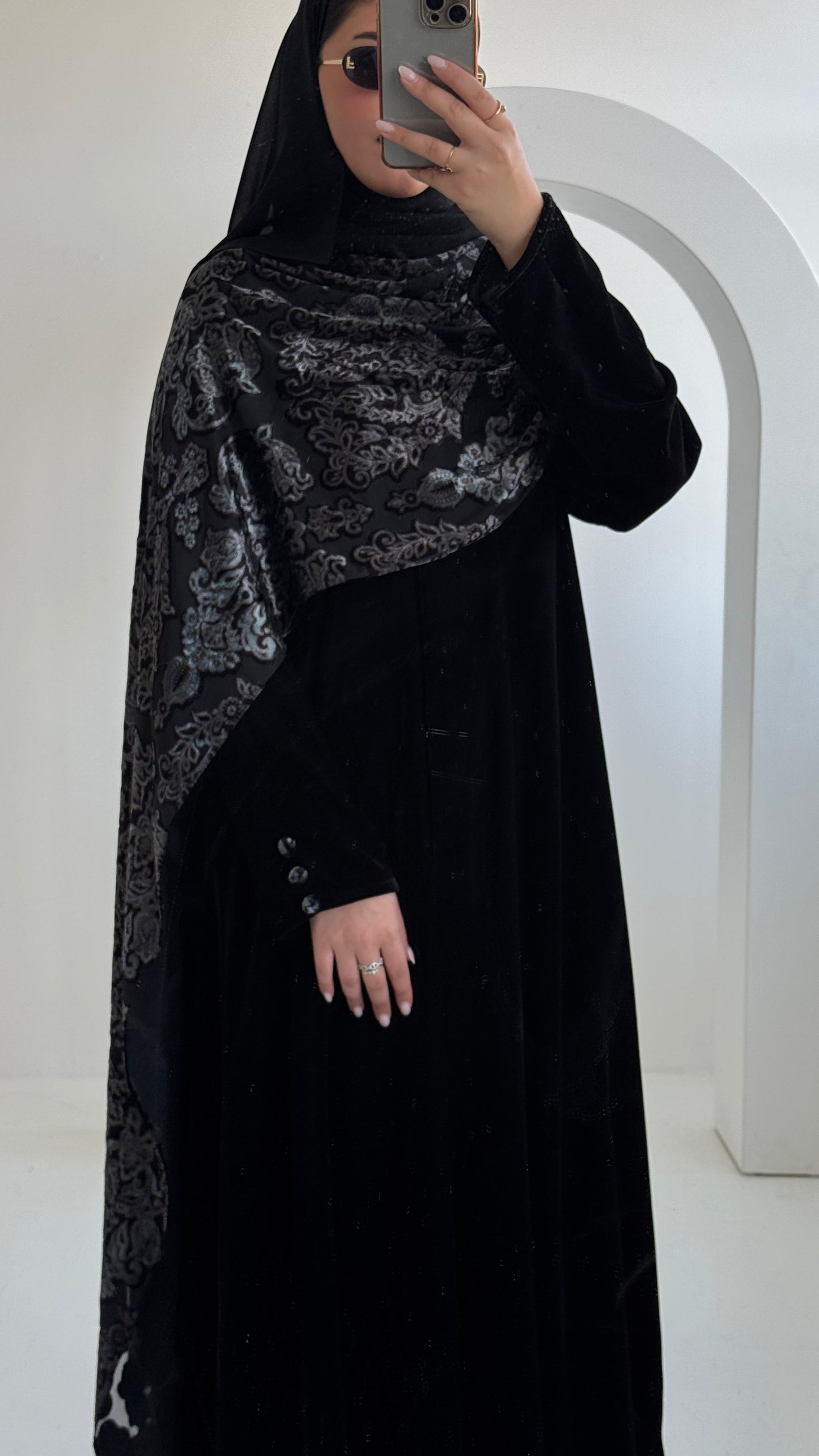 FAB230- Black Velvet Abaya with Grey Velvet Chiffon Shawl with matching headscarf