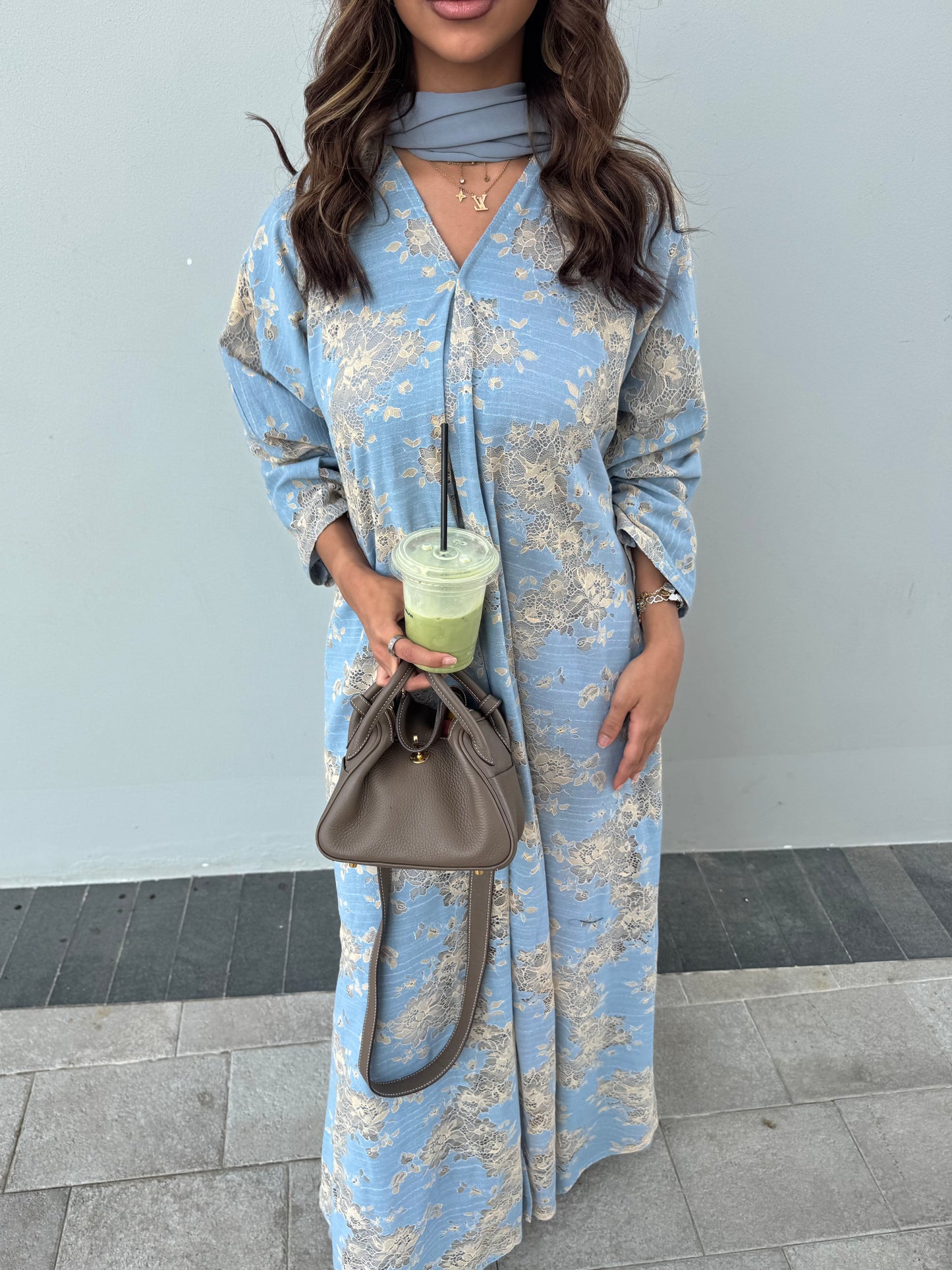 FAB300- Yellow and Blue Lace and Linen Summer A-Cut Abaya