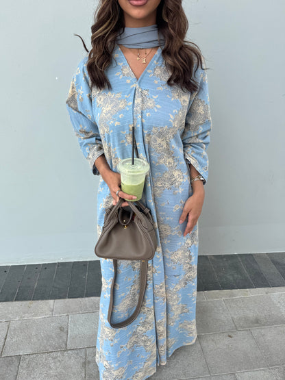 FAB300- Yellow and Blue Lace and Linen Summer A-Cut Abaya