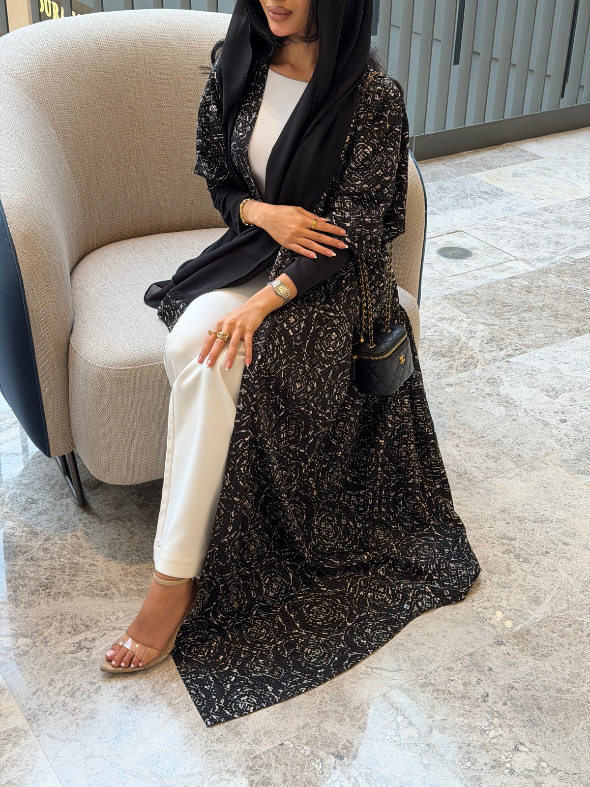 FAB340-Black White Embroidery Half-Bisht Cut Abaya with Fitted Black Stretch Sleeves and matching headscarf