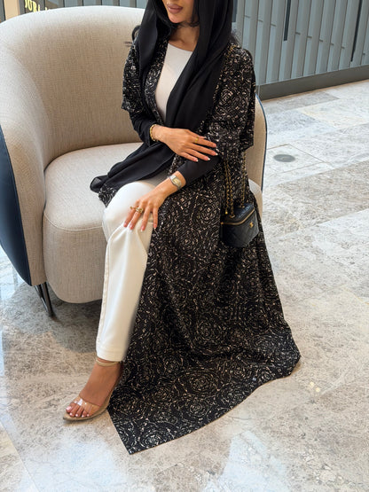 FAB340-Black White Embroidery Half-Bisht Cut Abaya with Fitted Black Stretch Sleeves and matching headscarf