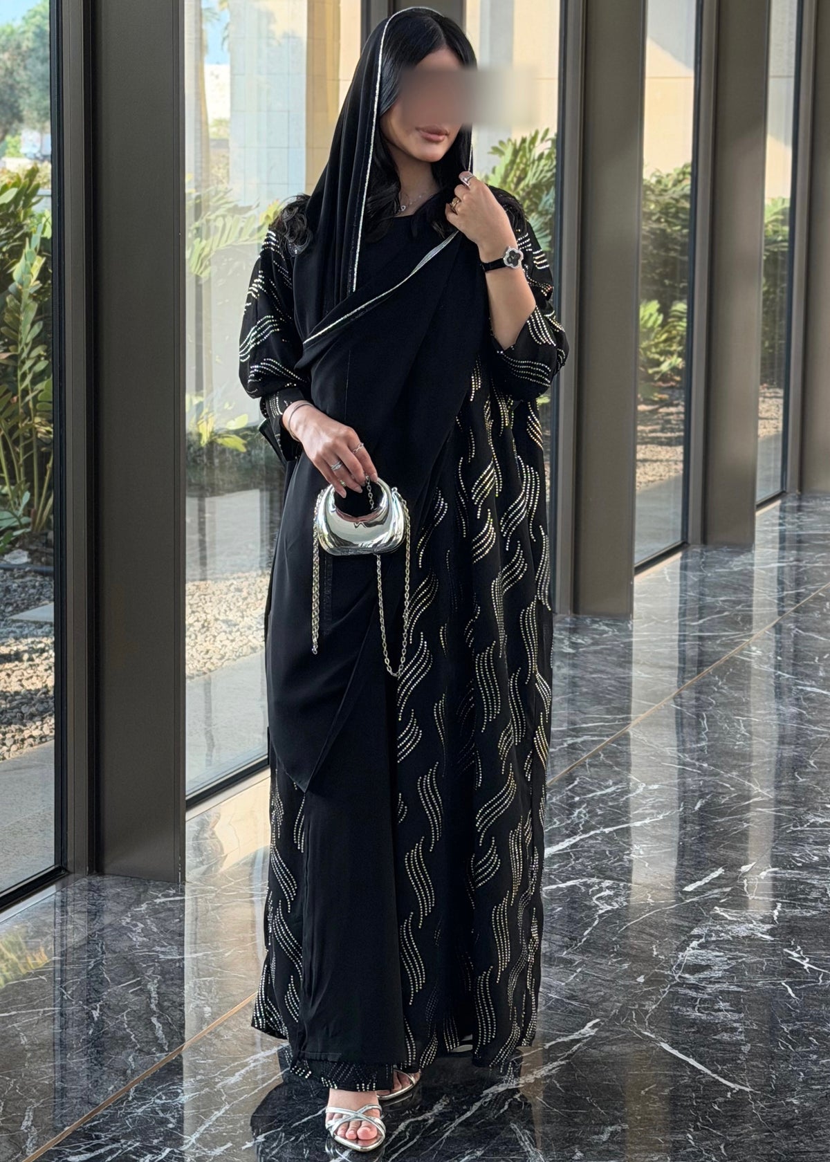 FAB339 – Elegant Black Chiffon Abaya with Silver Naqda Embroidery, Half-Bisht Cut & Matching Headscarf