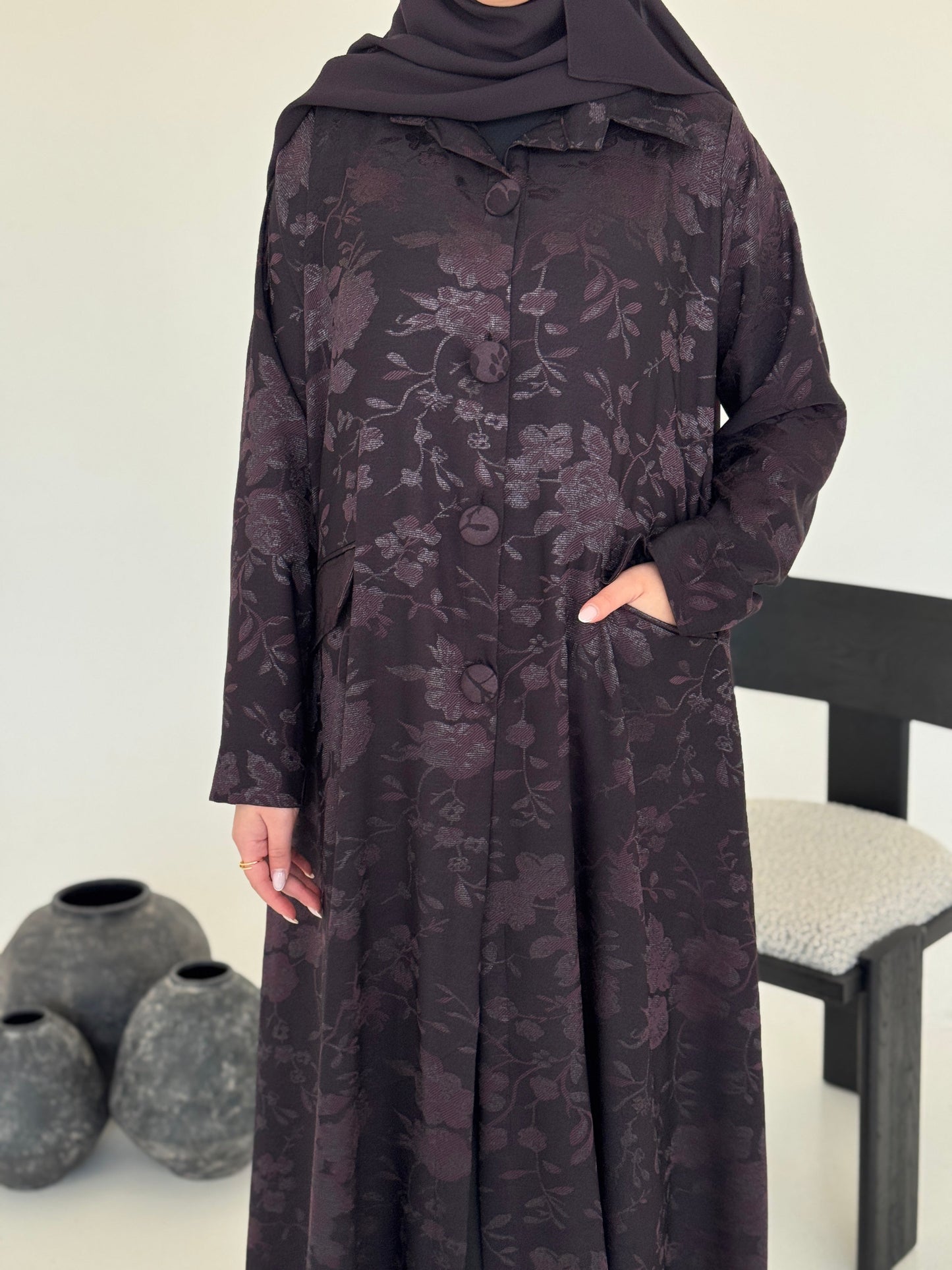 FAB237- Purple Floral Silk Jacquard Blazer A-Cut Abaya