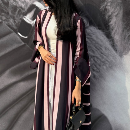 FAB304- Black/Maroon Striped Print Chiffon Silk A-Cut Abaya Set