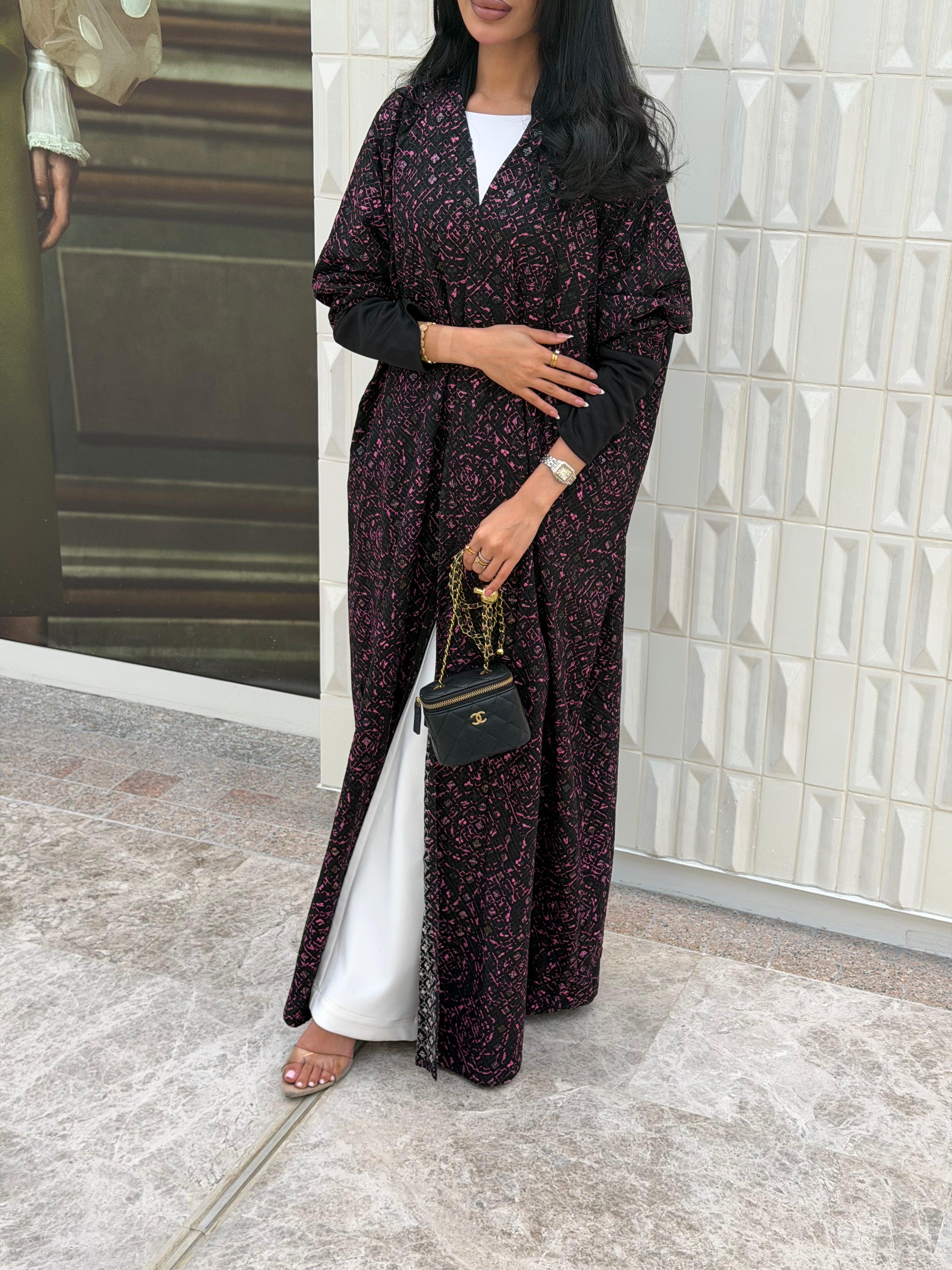 FAB339-Black Pink Embroidery Half-Bisht Cut Abaya with Fitted Black Stretch Sleeves
and matching headscarf