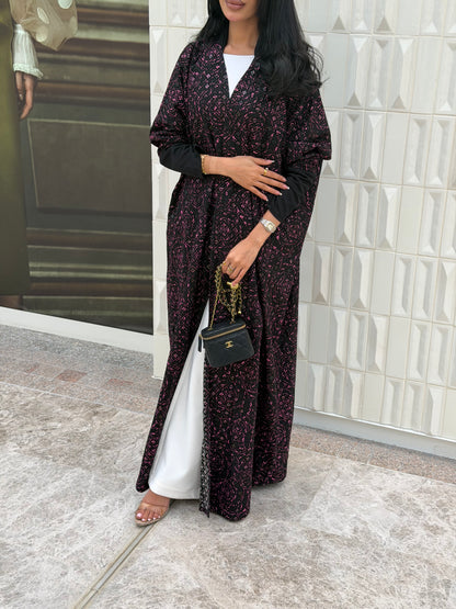 FAB339-Black Pink Embroidery Half-Bisht Cut Abaya with Fitted Black Stretch Sleeves
and matching headscarf