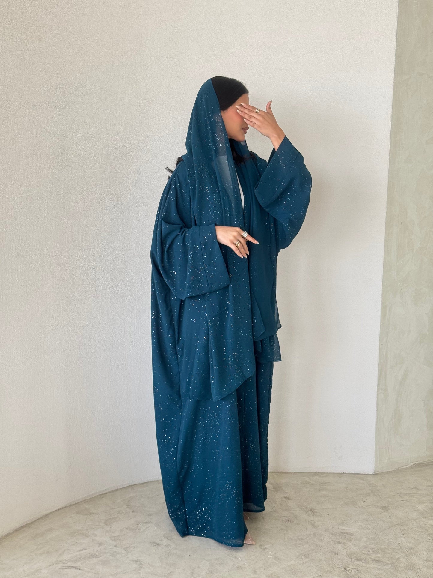 FAB182- Elegant Turqoise Glitter Chiffon Abaya