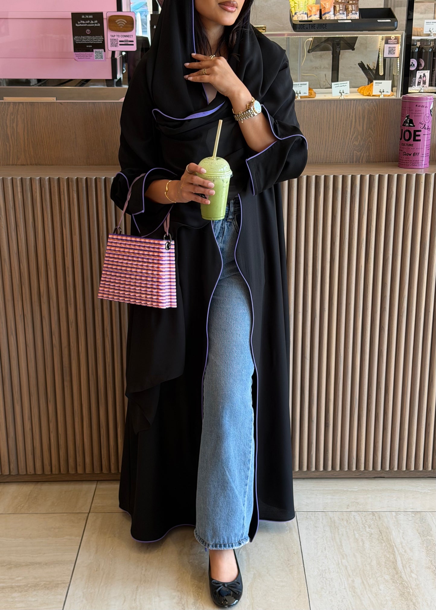 FAB319- Black crepe swirl-cut abaya with purple piping abaya and headscarf