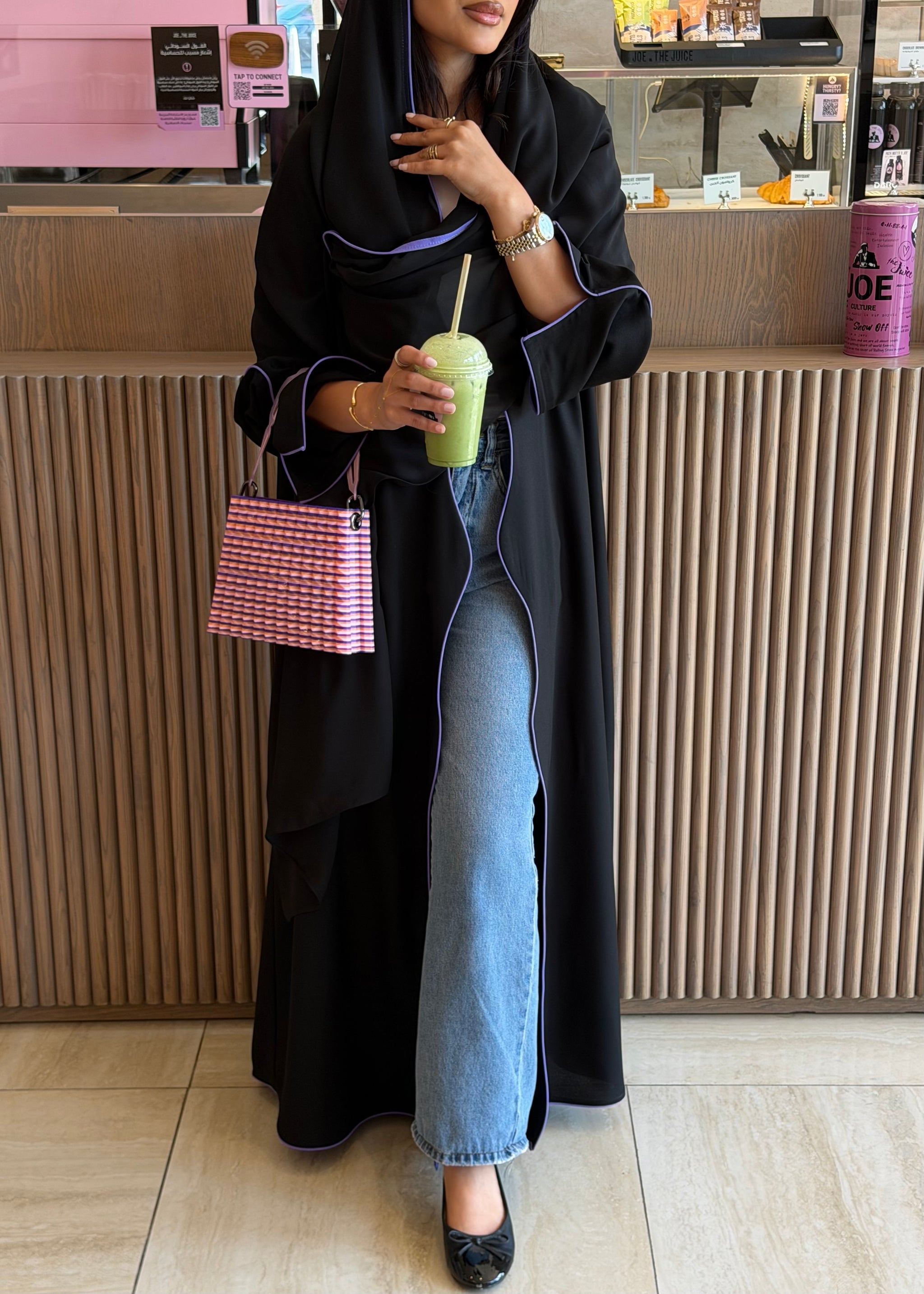 FAB319- Black crepe swirl-cut abaya with purple piping abaya and headscarf