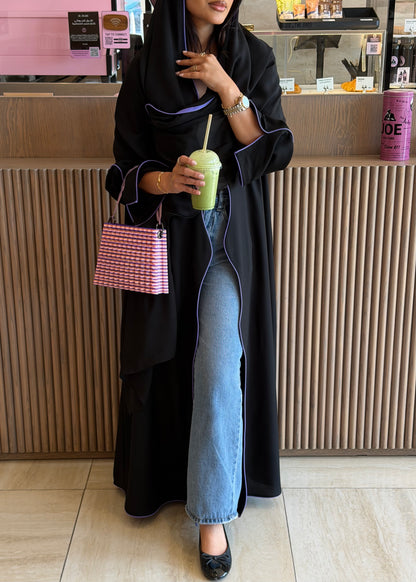 FAB319- Black crepe swirl-cut abaya with purple piping abaya and headscarf