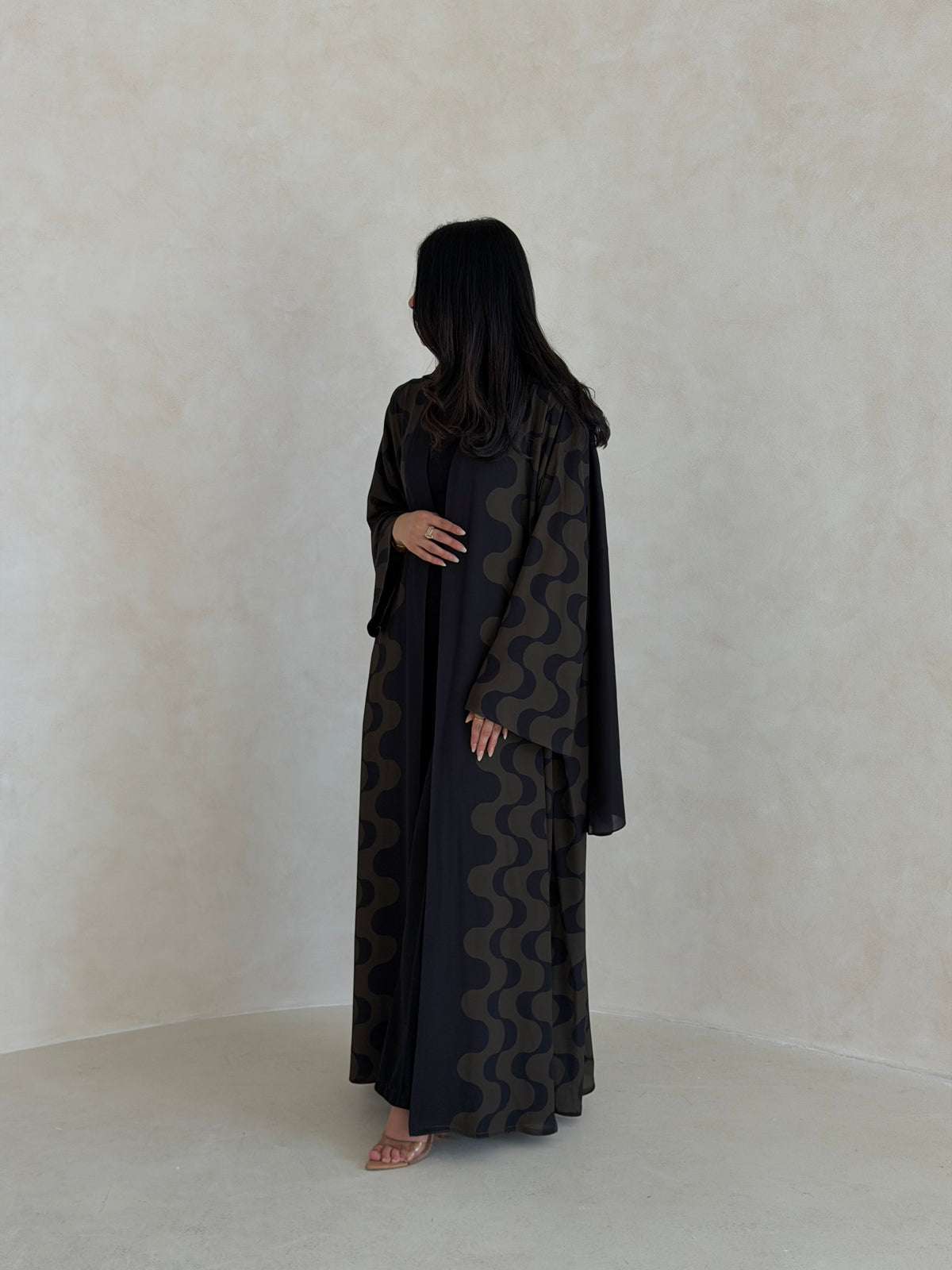 FAB343- Dark Olive and Black Waves Printed Straight-Cut Abaya and matching headscarf