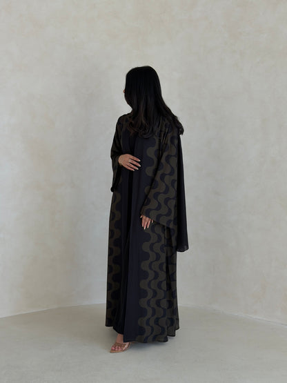 FAB343- Dark Olive and Black Waves Printed Straight-Cut Abaya and matching headscarf
