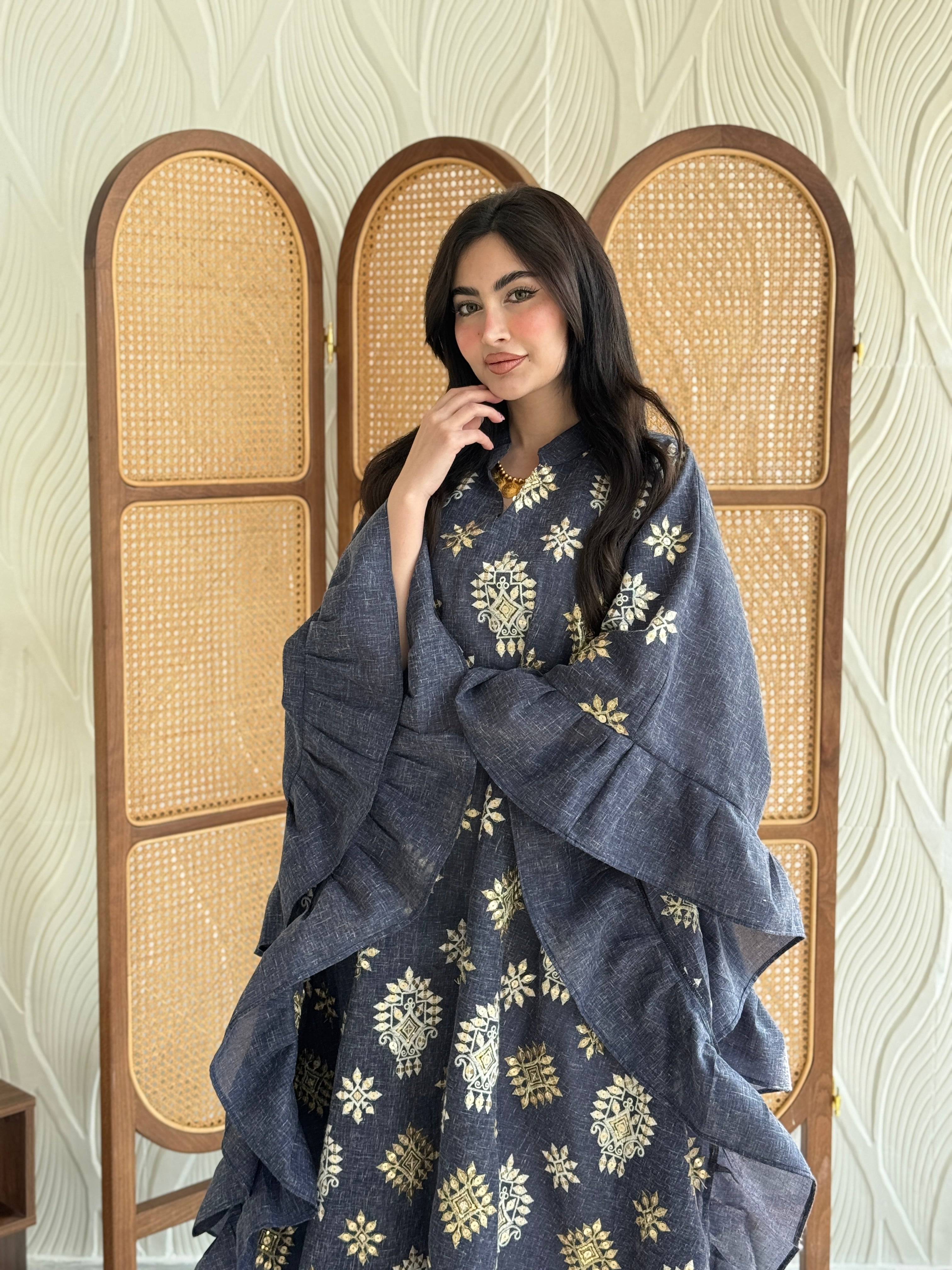 FAB271-Grey Linen Embroidered Butterfly-Cut Jalabiya with Ruffled Sleeves