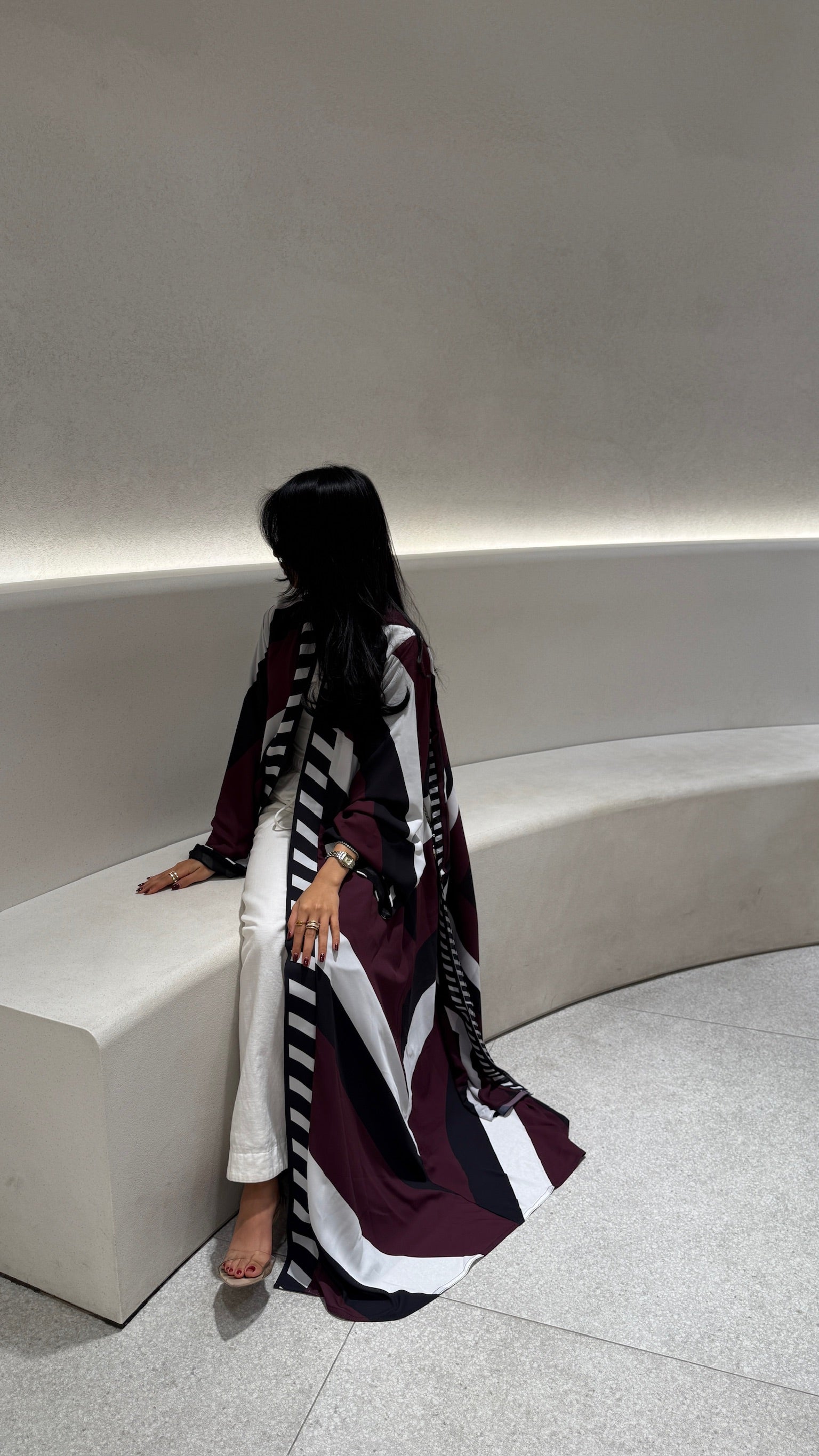 FAB302-Maroon & Black Printed Chiffon Silk A-Cut Abaya Set