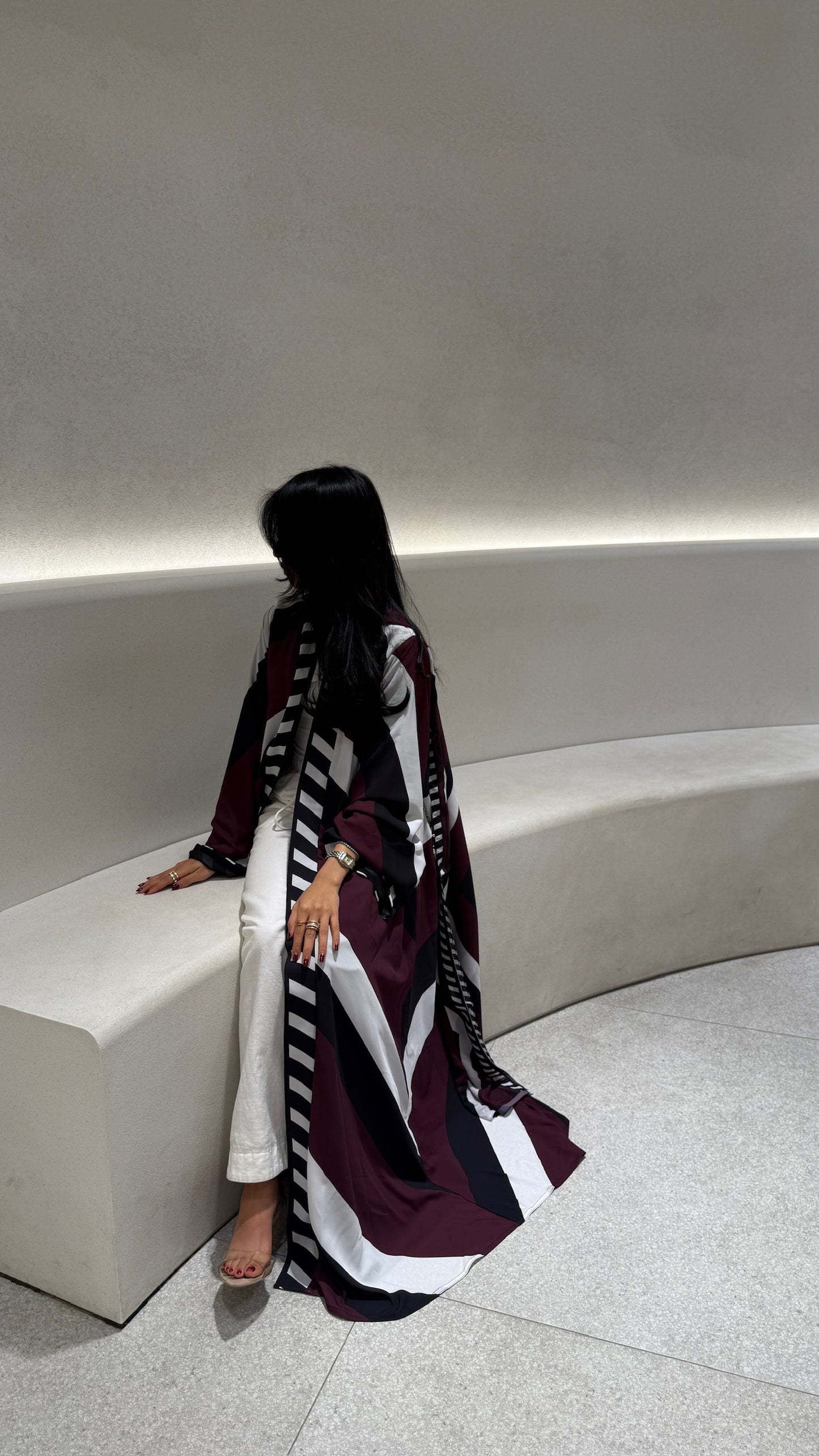 FAB302-Maroon & Black Printed Chiffon Silk A-Cut Abaya Set
