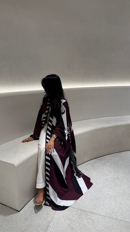 FAB302-Maroon & Black Printed Chiffon Silk A-Cut Abaya Set