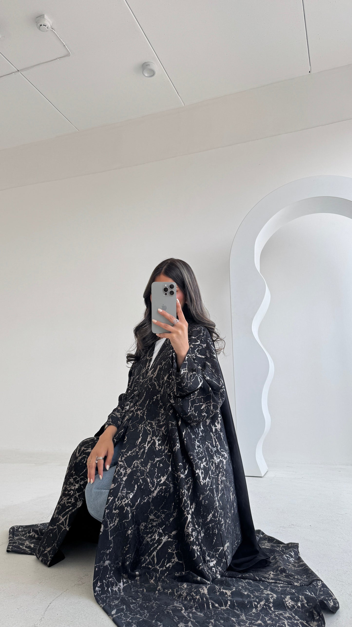 FAB206-Elegant Black Metallic Crepe Silk A-Cut Abaya with headscarf