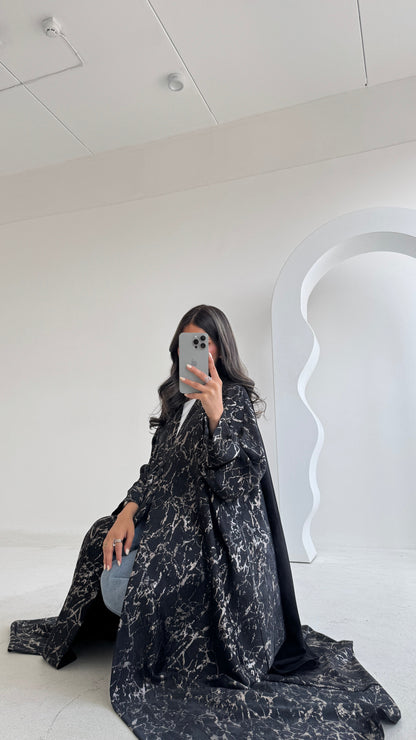 FAB206-Black Metallic Crepe Silk A-Cut Abaya with headscarf